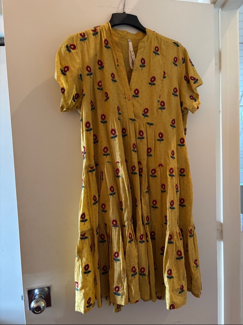 Anthropologie Uncle Frank mustard Yellow Floral Tiered Cotton Dress size M